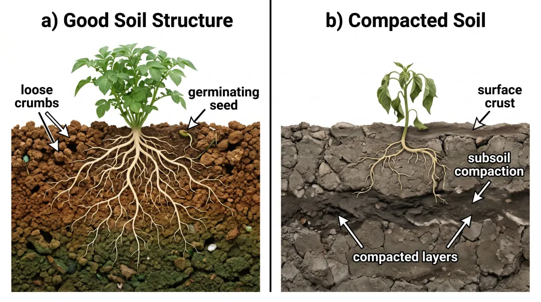 Soil compaction cross-section showing restricted root growth and poor structure