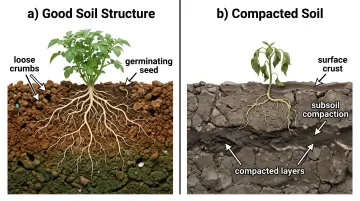 Soil compaction cross-section showing restricted root growth and poor structure