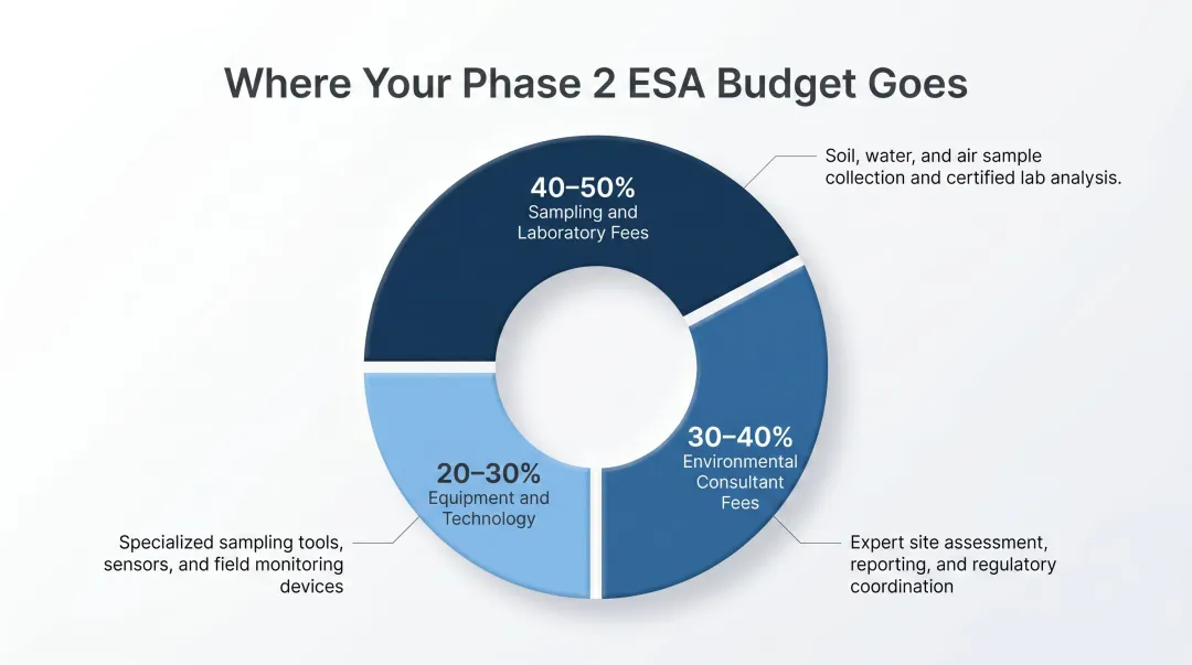 Phase 2 ESA cost breakdown pie chart showing sampling consultant and equipment percentages