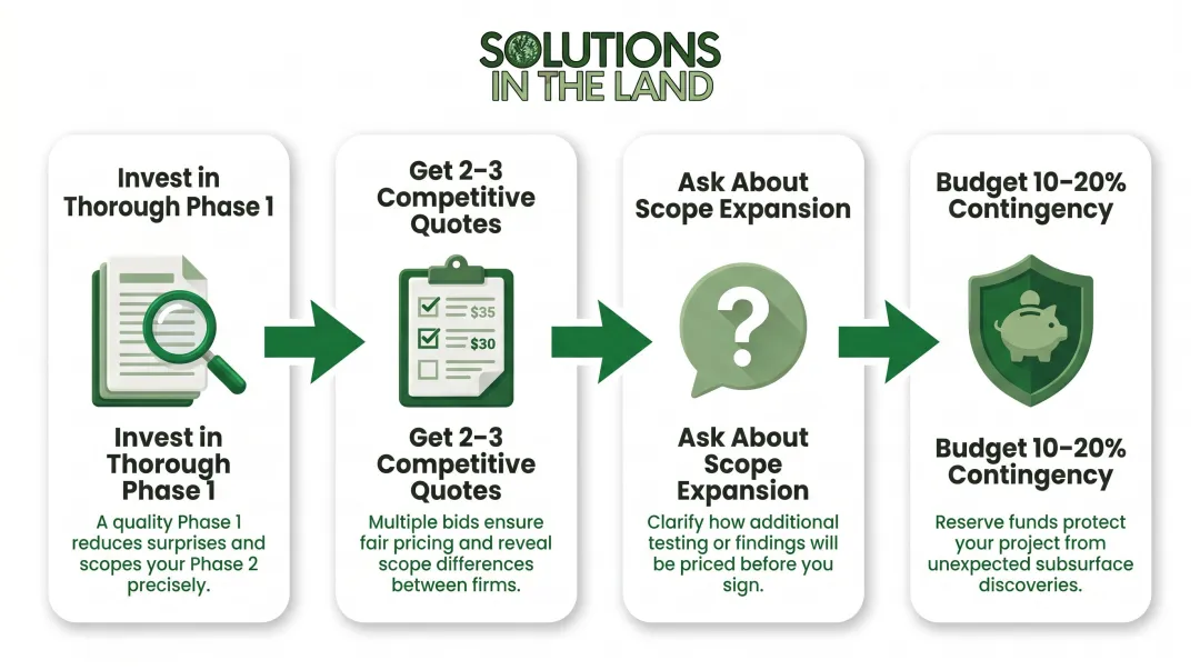 Four-step Phase 2 ESA smart budgeting strategy process from Phase 1 to contingency planning