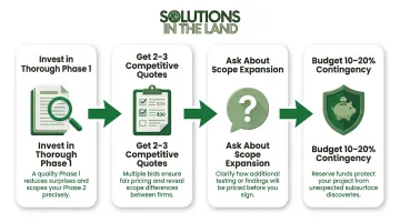 Four-step Phase 2 ESA smart budgeting strategy process from Phase 1 to contingency planning