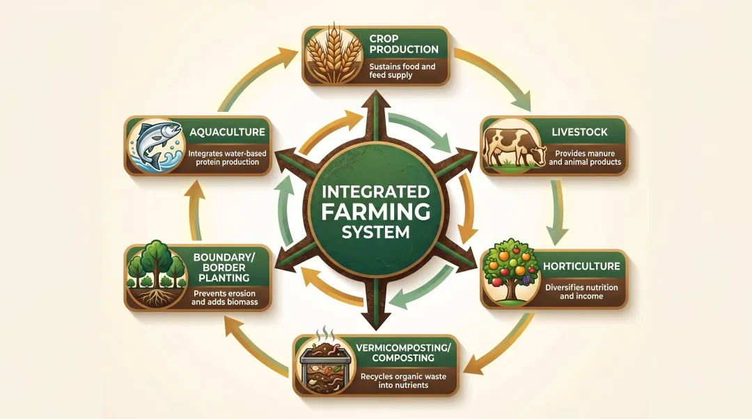 Six core components of an integrated farming system circular diagram