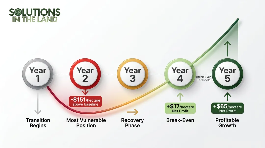 Four-year integrated farm transition break-even timeline with annual financial position milestones