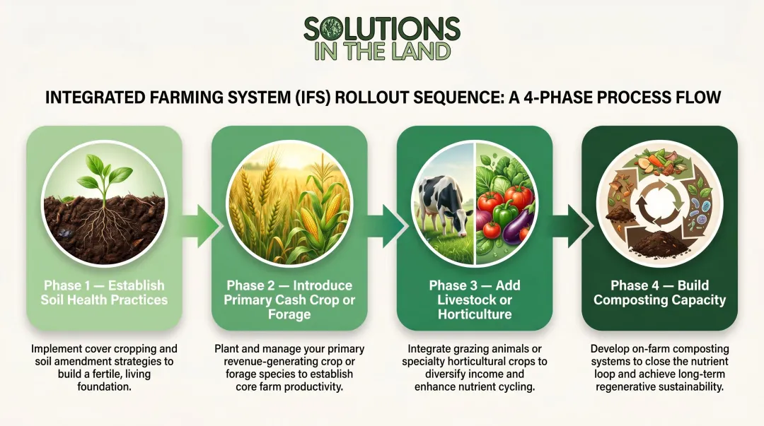 Four-phase integrated farming system implementation rollout sequence process flow