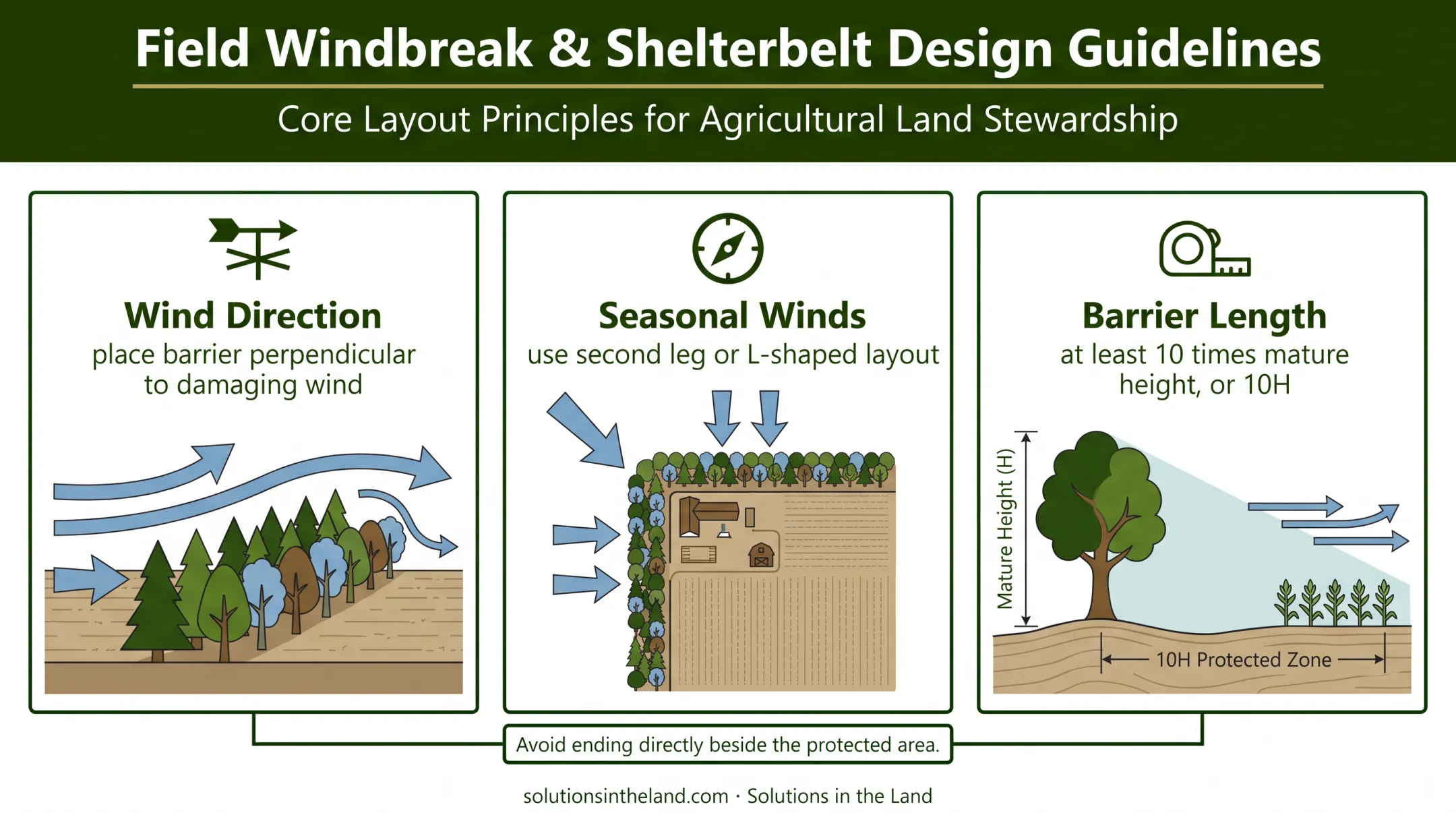 Windbreak orientation and length design principles infographic