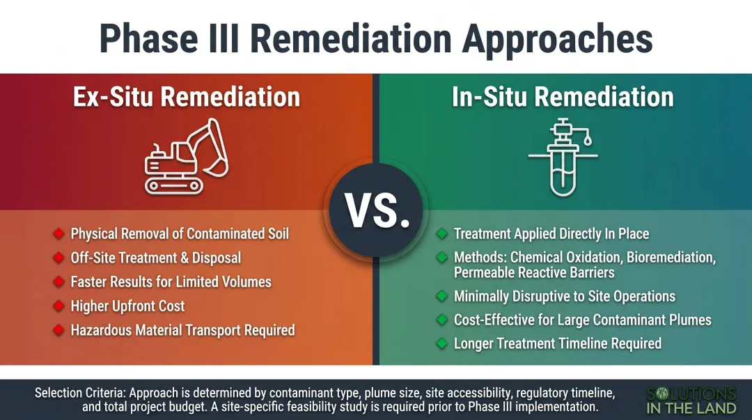 Ex-situ versus in-situ soil remediation methods side-by-side comparison infographic