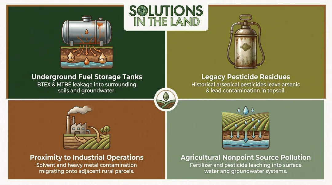 Four common farmland contamination risk categories and sources on agricultural properties