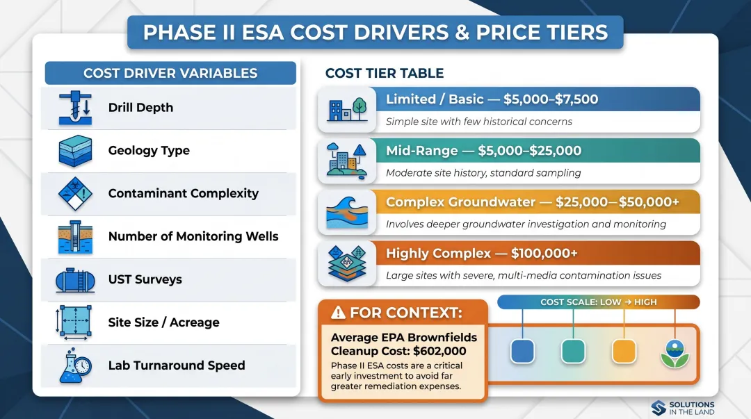 Phase II ESA cost factors and price range breakdown comparison chart