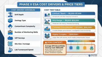 Phase II ESA cost factors and price range breakdown comparison chart