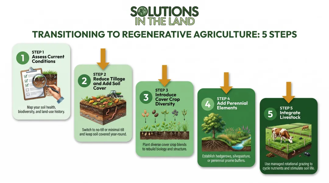 Five-step regenerative agriculture farm transition process sequential infographic