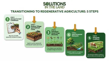 Five-step regenerative agriculture farm transition process sequential infographic