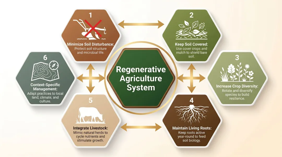 Six regenerative agriculture principles interconnected system overview infographic