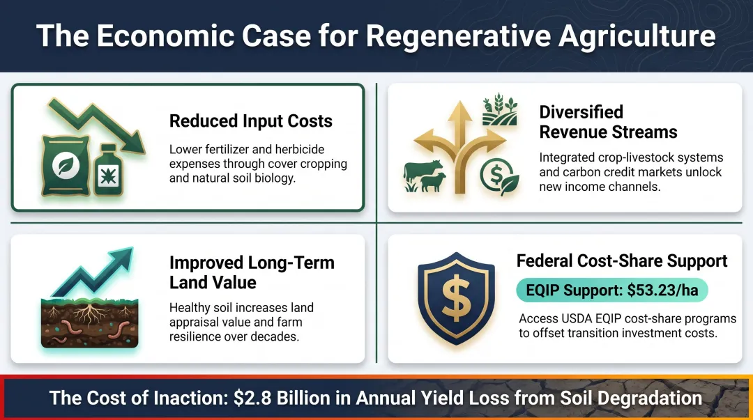 Regenerative agriculture economic benefits comparison chart showing farmer financial outcomes