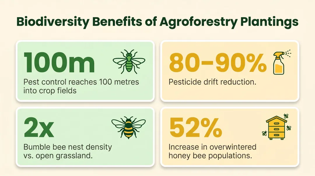 Agroforestry biodiversity benefits showing pollinator and pest suppression statistics