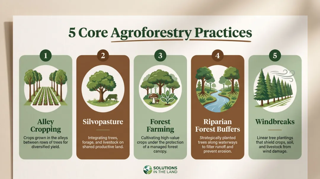 Five USDA-recognized agroforestry practices comparison chart with applications