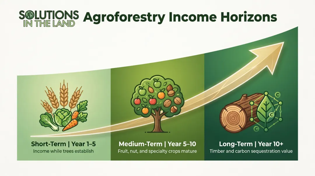 Agroforestry income timeline showing short medium and long-term revenue streams