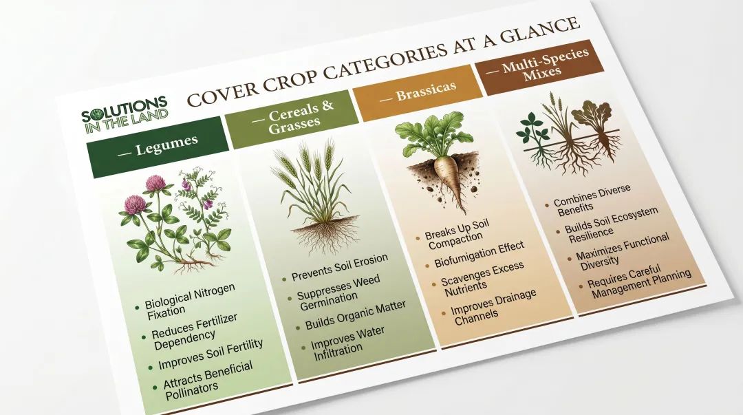 Cover crop types comparison chart legumes cereals brassicas and mixes overview