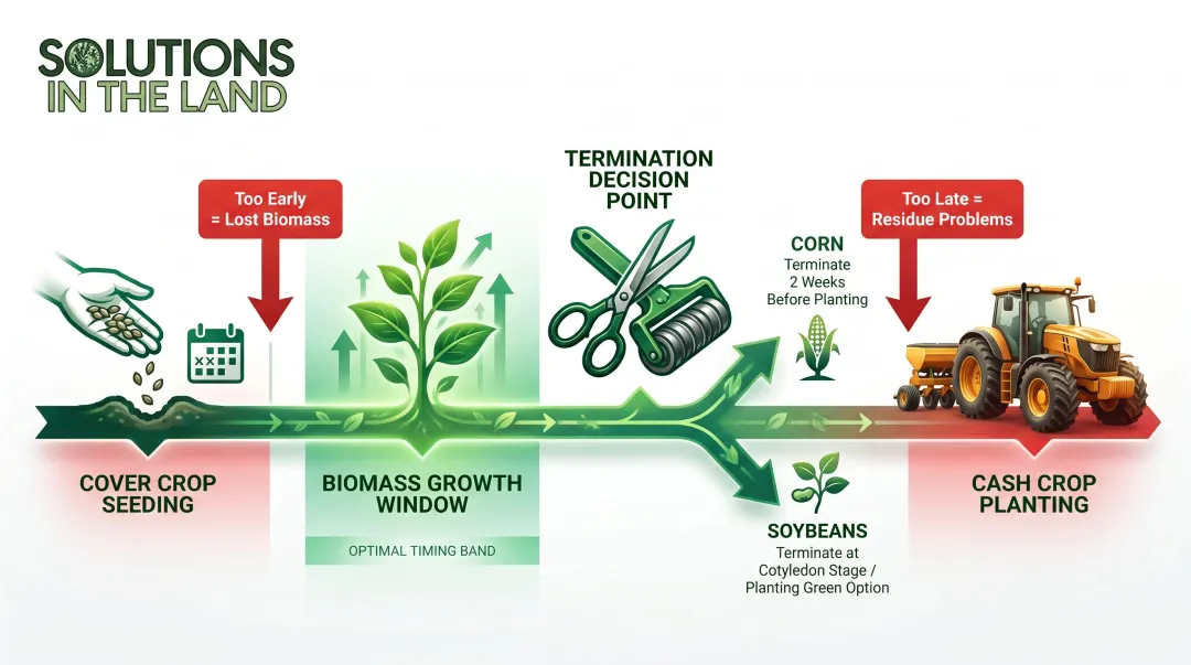 Cover crop termination timing decision guide from seeding to cash crop planting