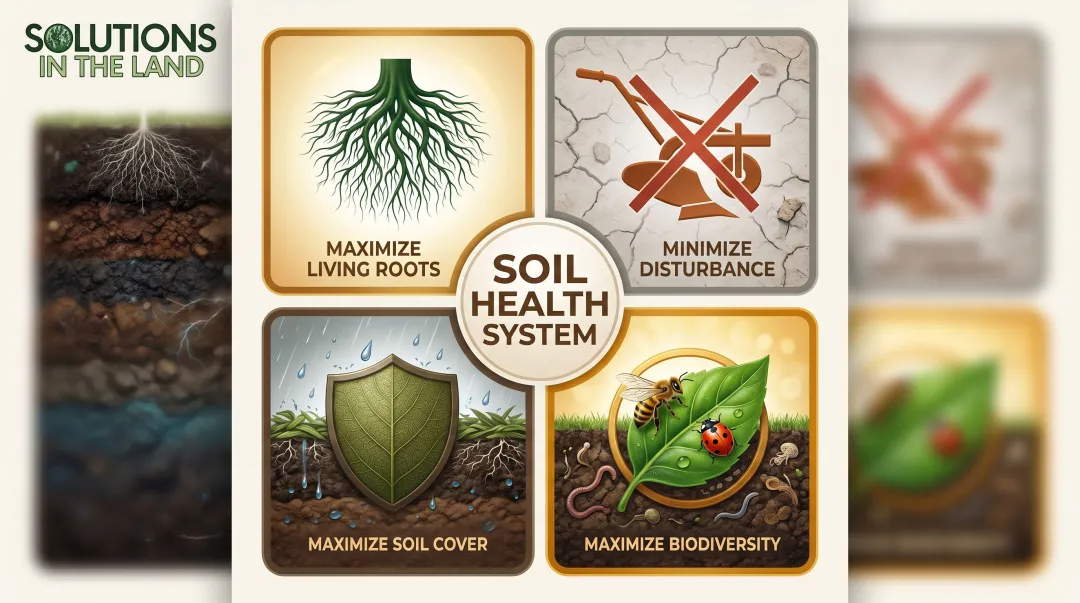 Four USDA NRCS soil health management system pillars visual breakdown