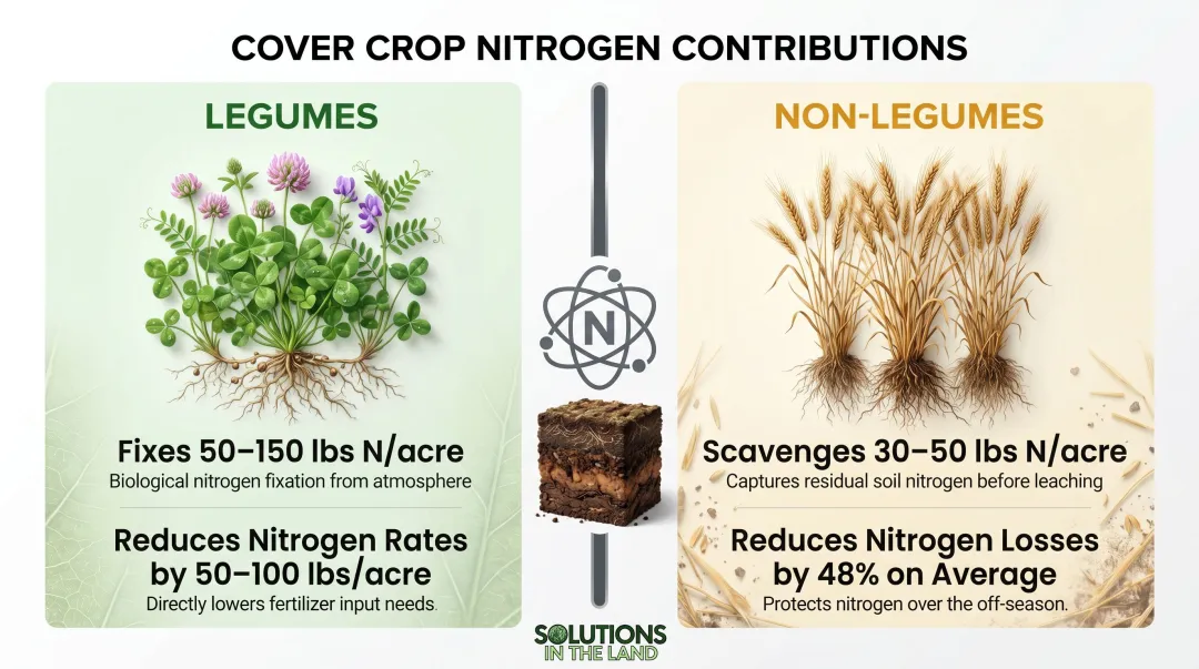 Legume versus non-legume cover crop nitrogen contribution comparison infographic
