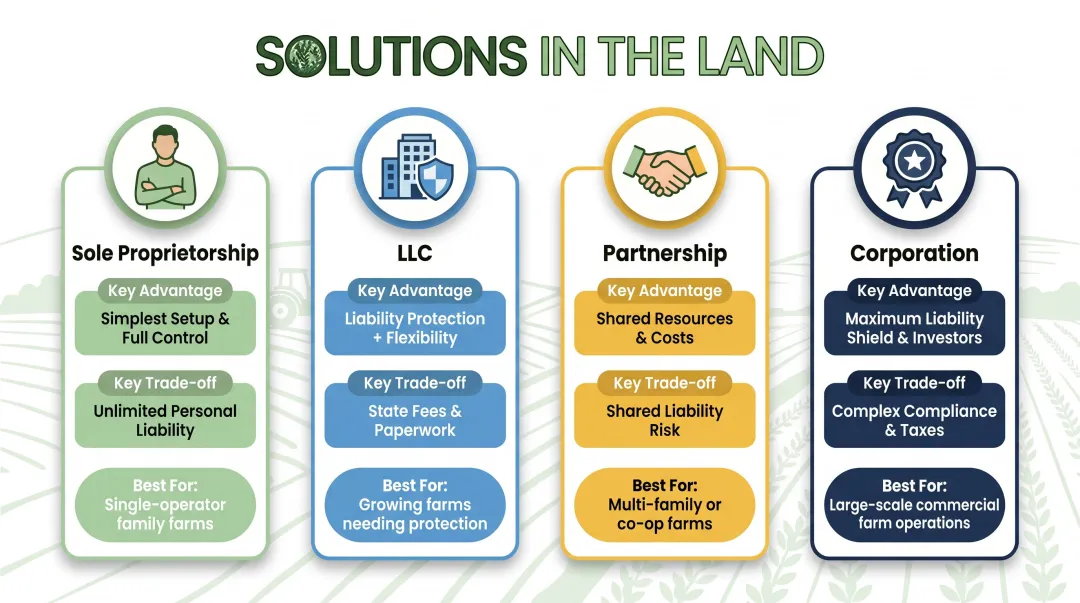 Four farm legal business structures comparison sole proprietorship LLC partnership corporation