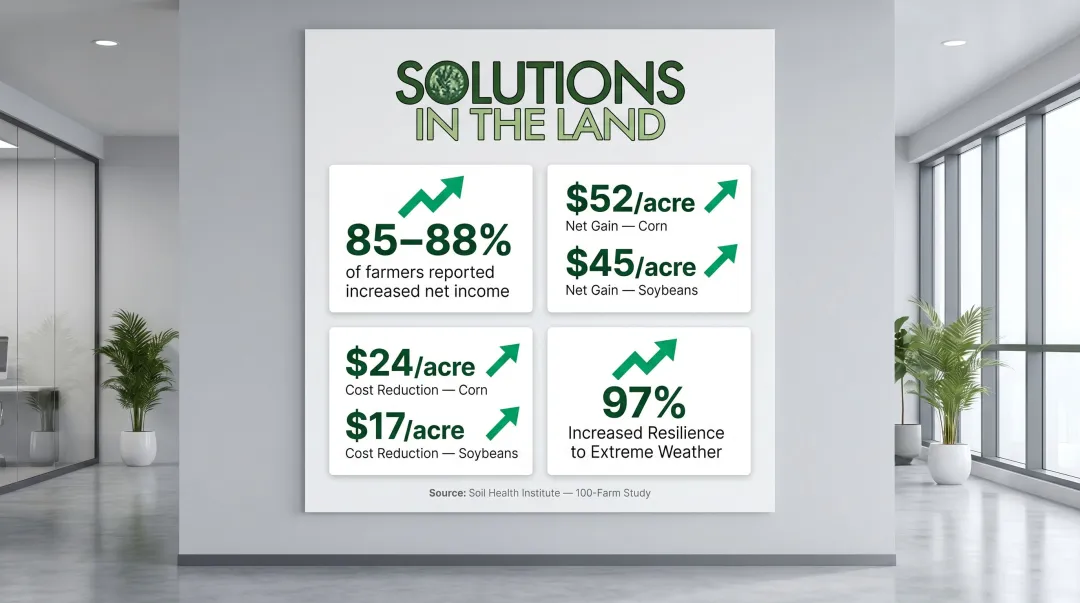 Soil health economics data showing net income gains and weather resilience for corn and soybeans