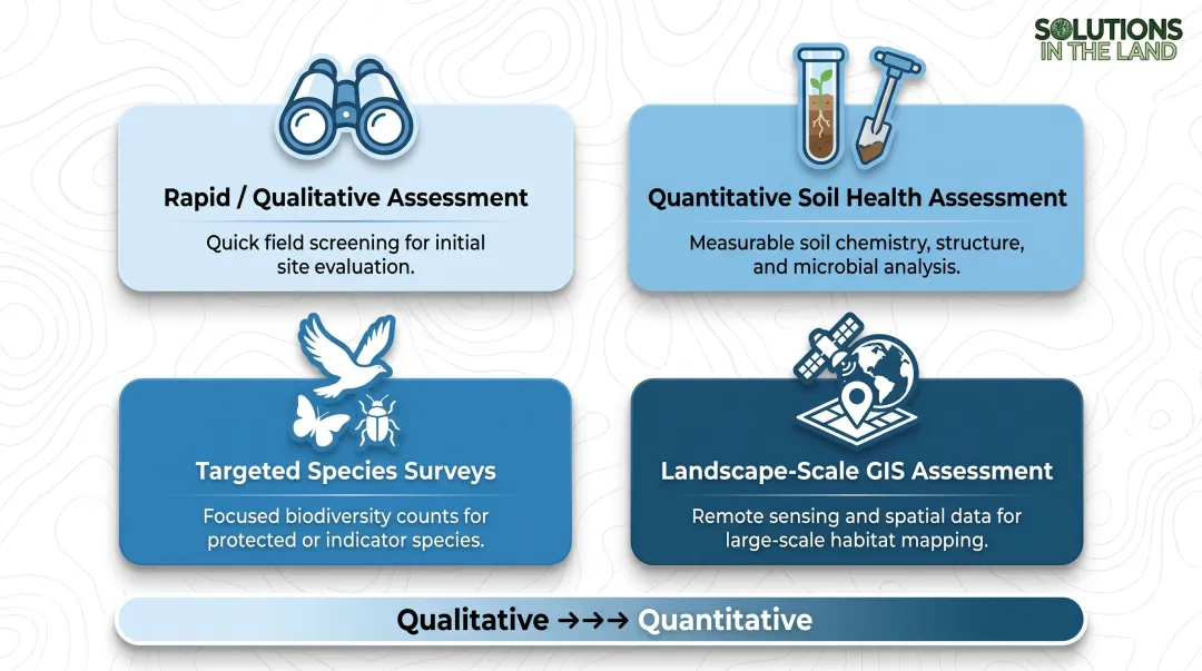 Four types of ecological assessment from qualitative to quantitative comparison infographic