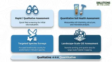 Four types of ecological assessment from qualitative to quantitative comparison infographic