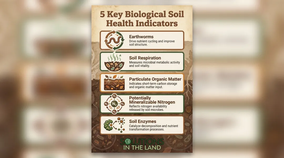 Five NRCS soil biological health indicators with icons and descriptions infographic
