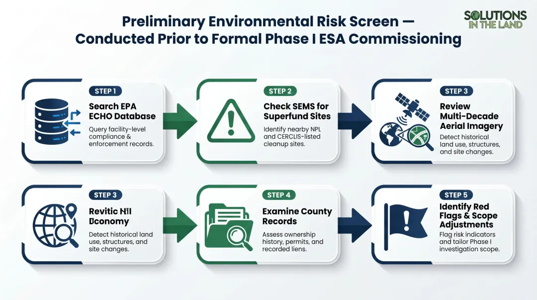 Five-step environmental due diligence preliminary desktop risk screening process