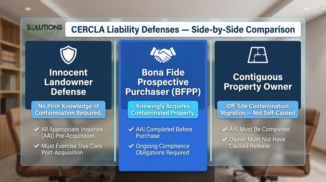Three CERCLA liability defenses comparison table for environmental due diligence