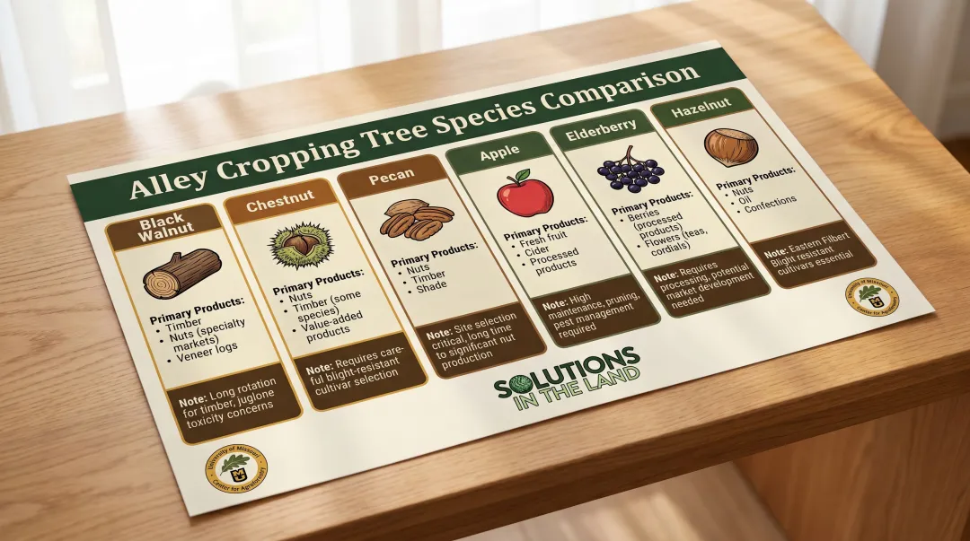 Alley cropping tree species comparison chart with products and key considerations