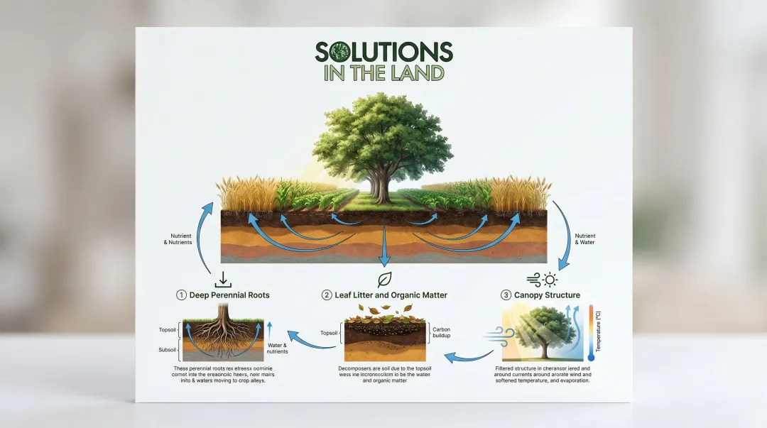 Alley cropping system functions showing roots light water and nutrient cycling
