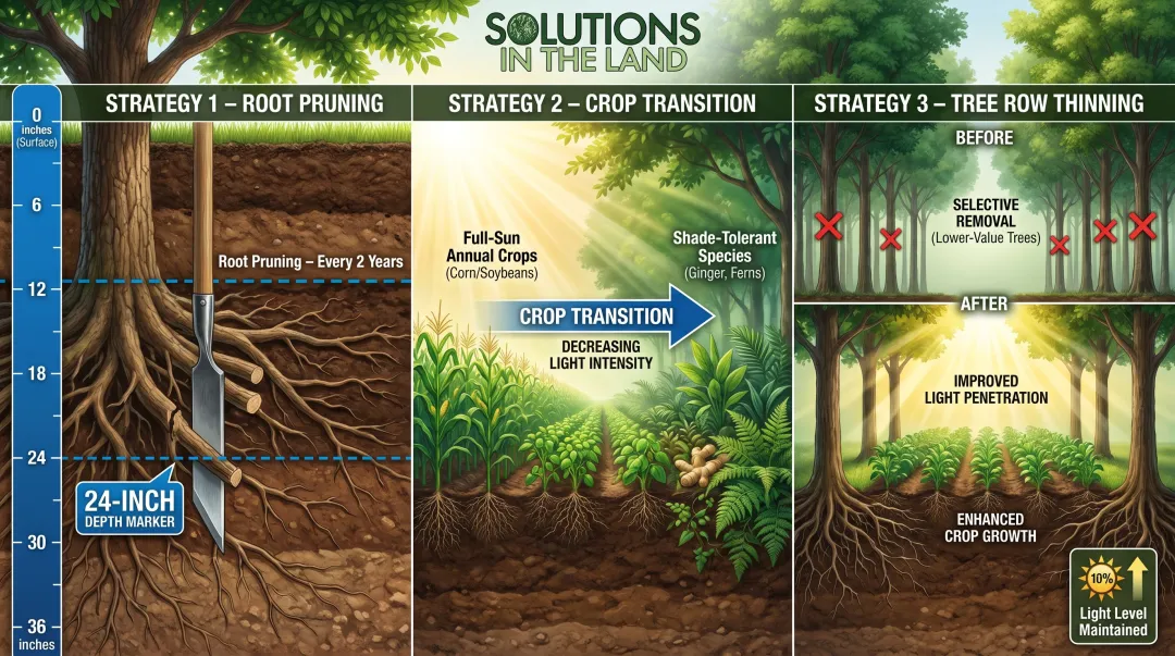 Tree-crop competition management strategies root pruning depth and canopy thinning diagram