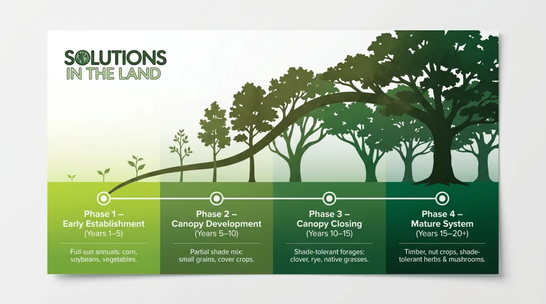 Alley cropping system evolution timeline from establishment to mature canopy over 20 years