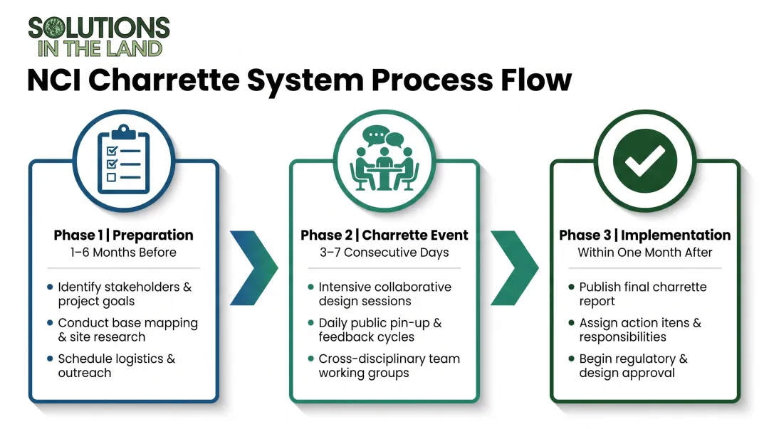 Three-phase design charrette process from preparation through implementation infographic