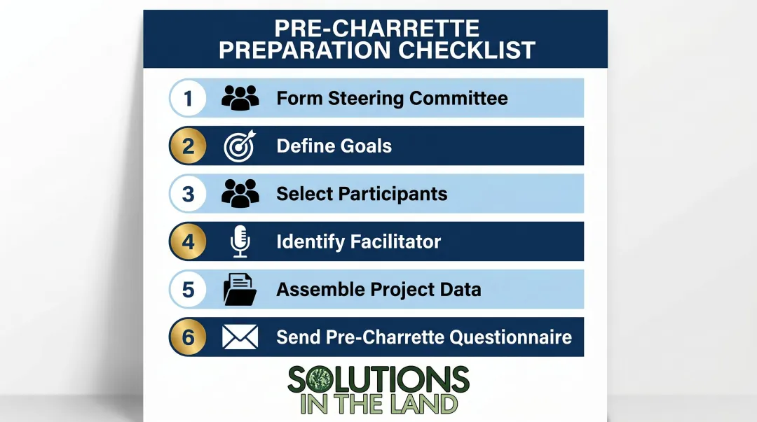 Six-step pre-charrette preparation checklist from steering committee to questionnaire