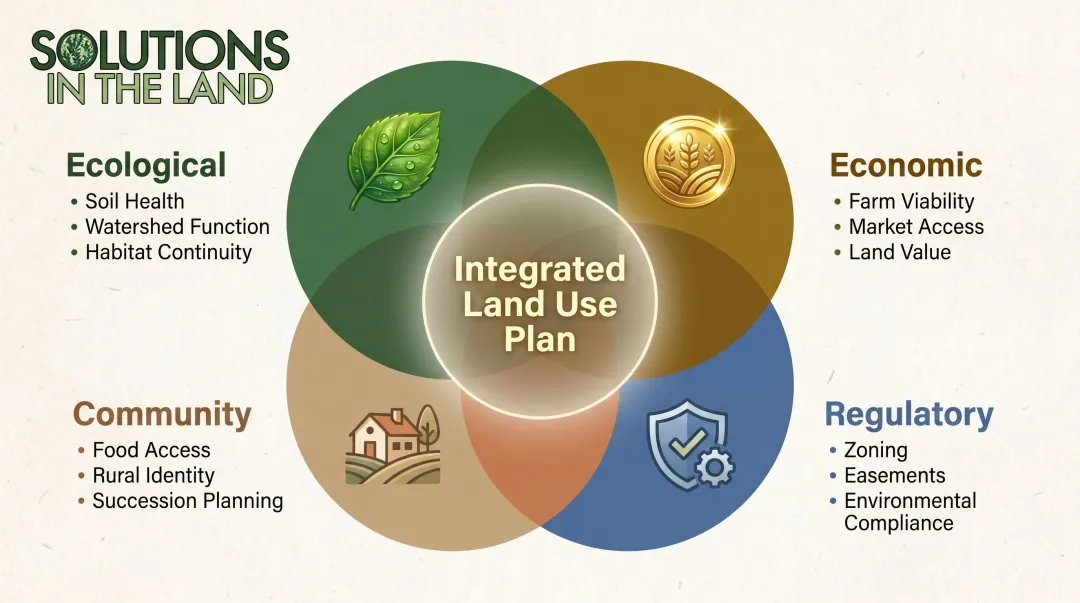 Four overlapping land use planning interests ecological economic community regulatory comparison diagram