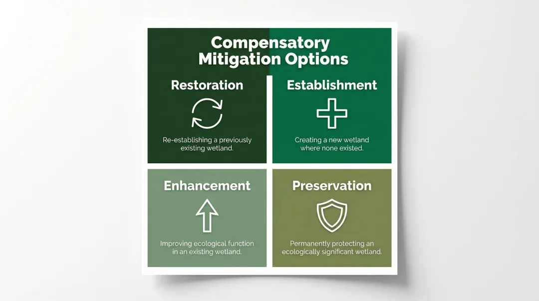 Four wetland compensatory mitigation types restoration establishment enhancement preservation compared