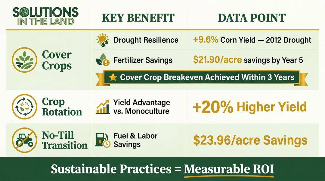 Sustainable agriculture practices comparison table with yield and cost savings data