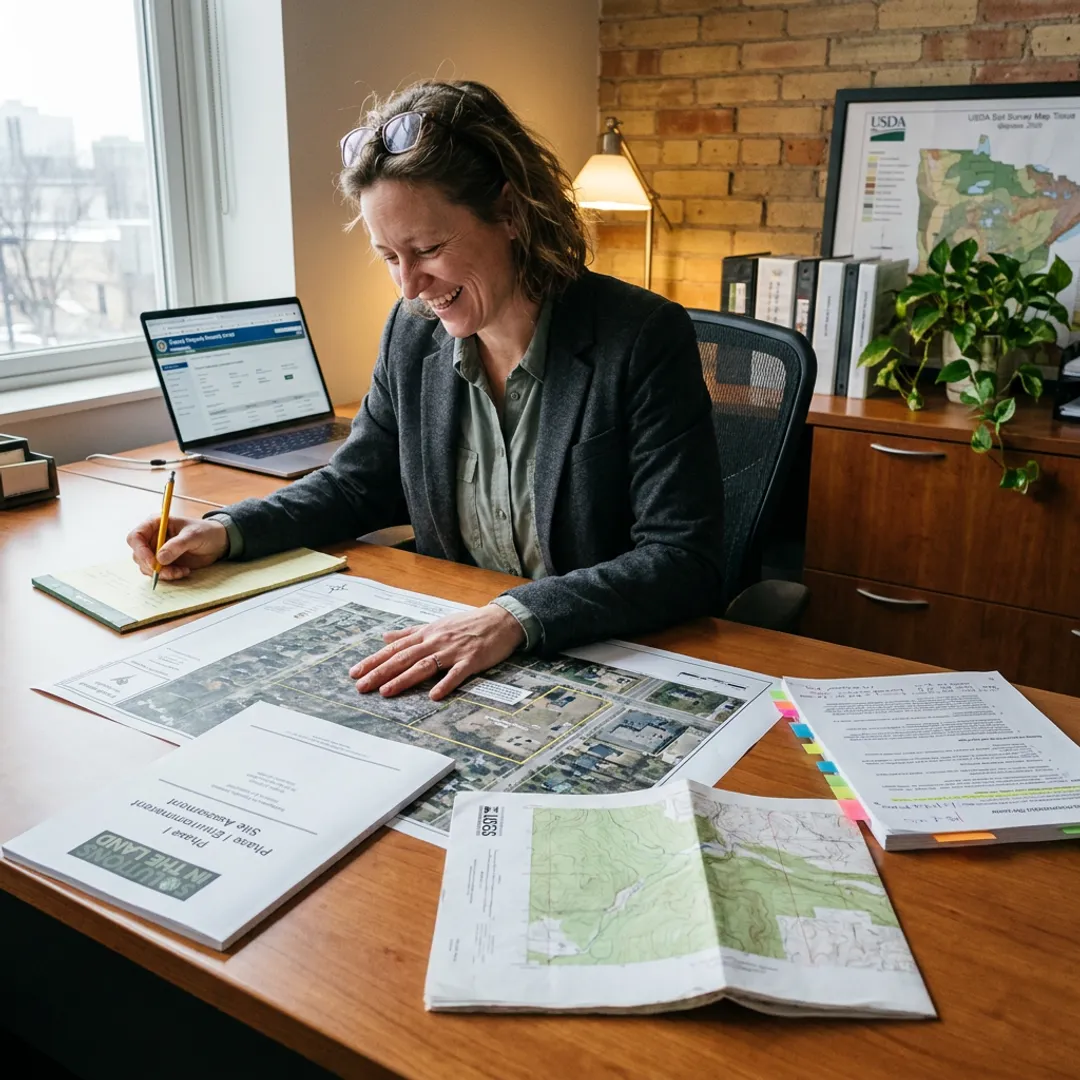 Environmental consultant reviewing site records and maps