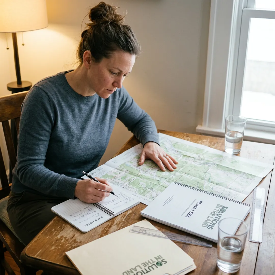 Consultant reviewing environmental site documents and maps