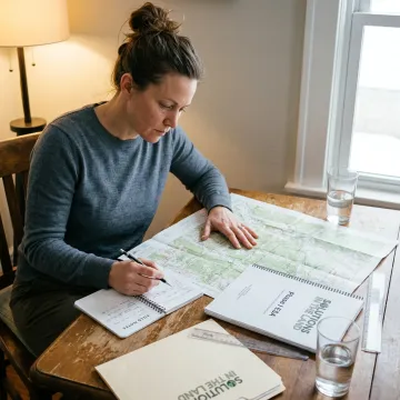 Consultant reviewing environmental site documents and maps