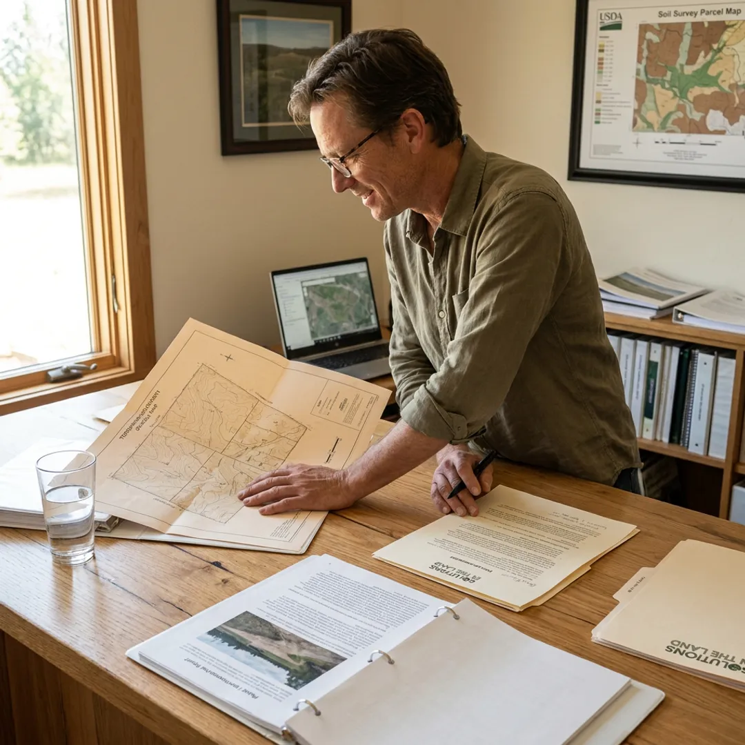 Environmental consultant reviewing site documents and maps