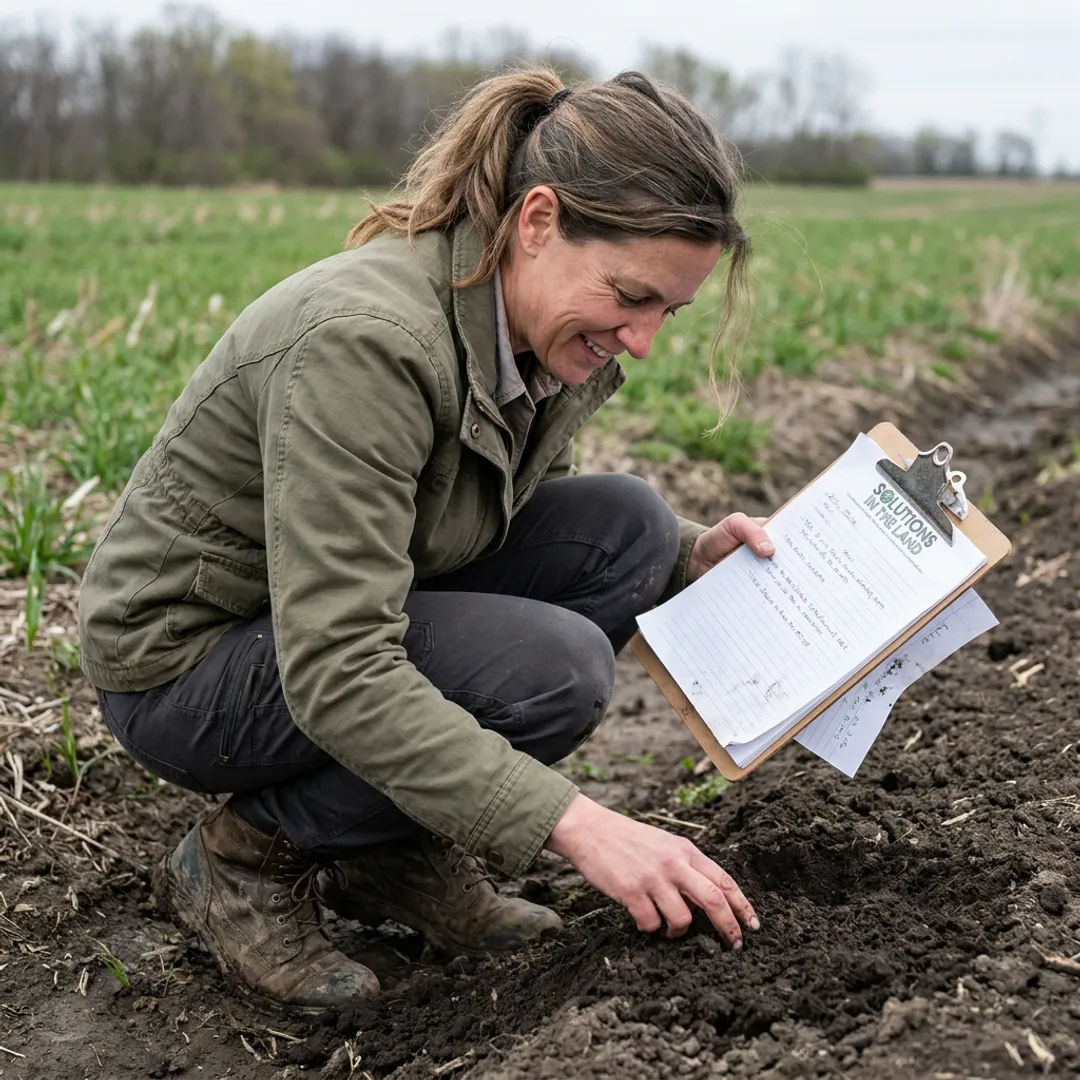 Consultant assessing environmental conditions on farmland