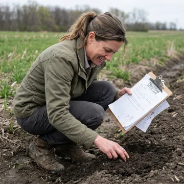 Consultant assessing environmental conditions on farmland