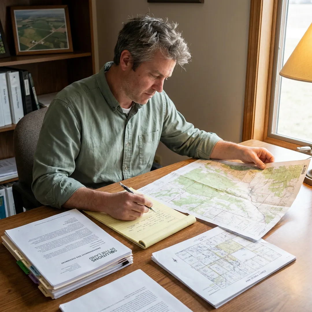 Environmental consultant reviewing property records and maps