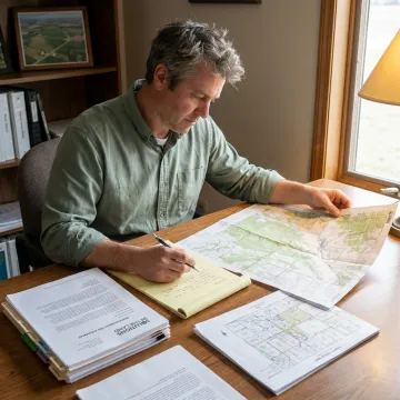 Environmental consultant reviewing property records and maps