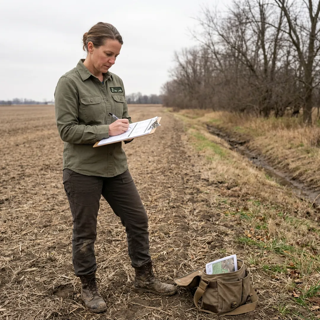 Environmental consultant documenting site conditions during property due diligence
