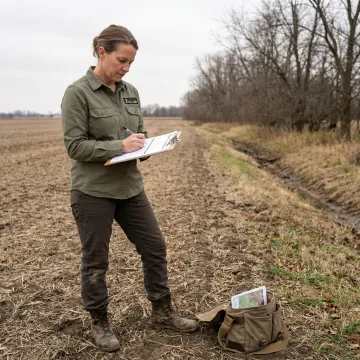 Environmental consultant documenting site conditions during property due diligence